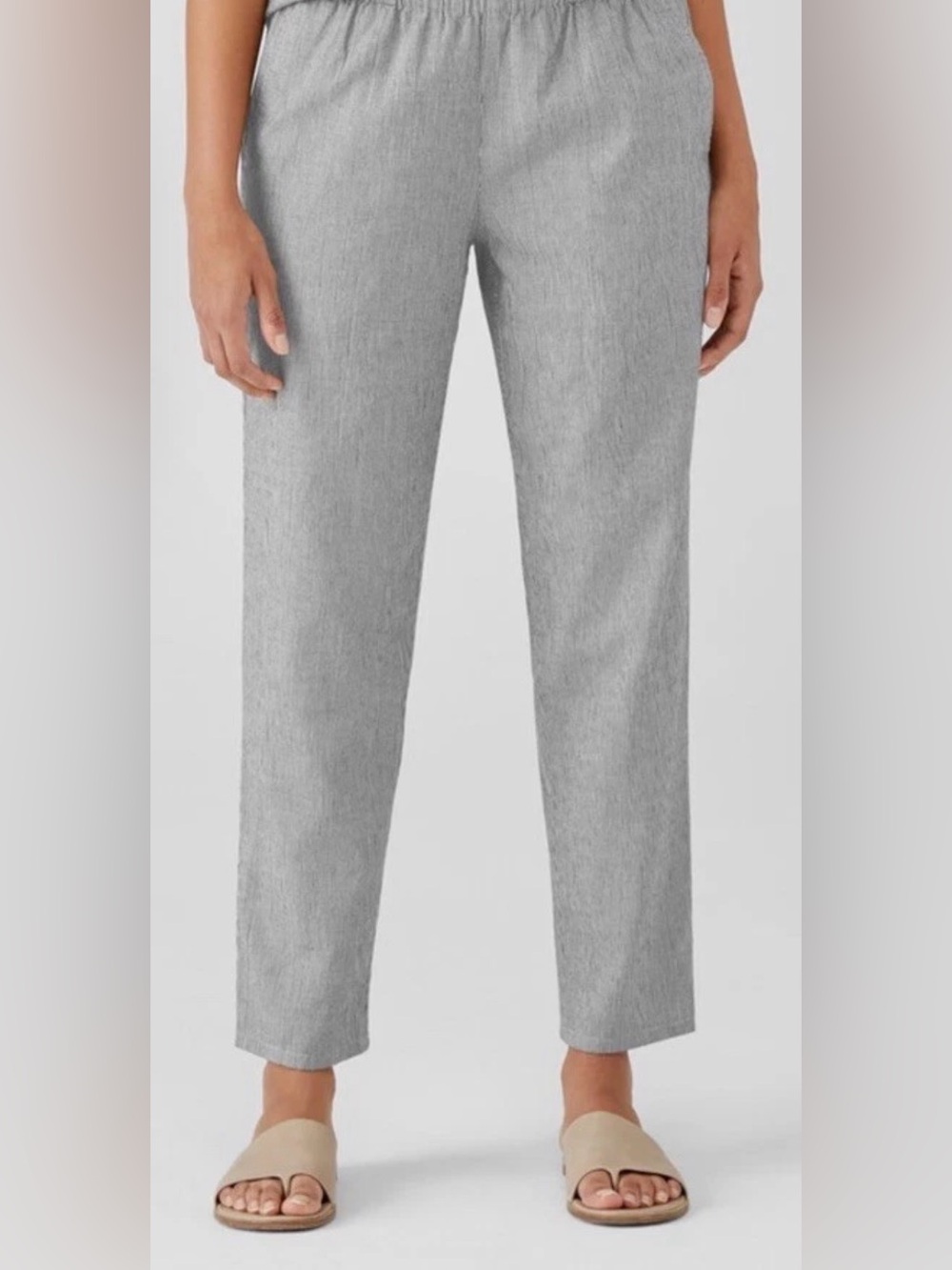 Eileen Fisher Black White Ticking Stripe Organic Cotton Linen Ankle Pants PXS